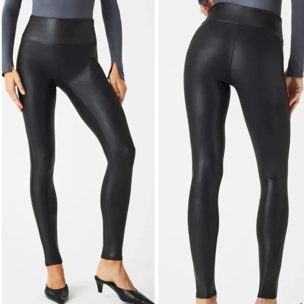 Spanx Black Faux Leather Liquid Leggings, Moto, Edgy & Feminine, Size XL, EUC!